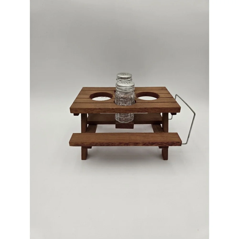 Wooden Picnic Table Condiment Caddy Salt and Pepper Shakers Napkin Holder VTG